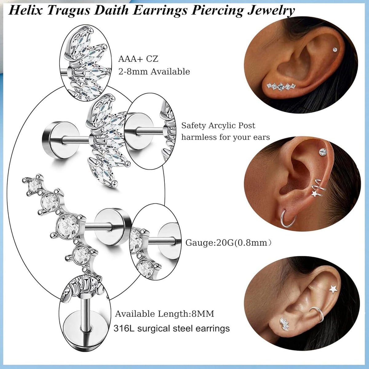 JeweBella 19Pairs Ohrringe Chirurgenstahl Damen Set 316L Hypoallergen Zirkon Silber Creolen Piercing