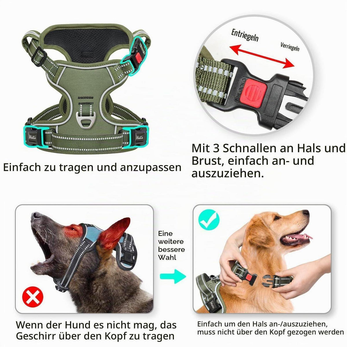 Hundegeschirr Brustgeschirr Grün XL mit Schloss & Reflektor