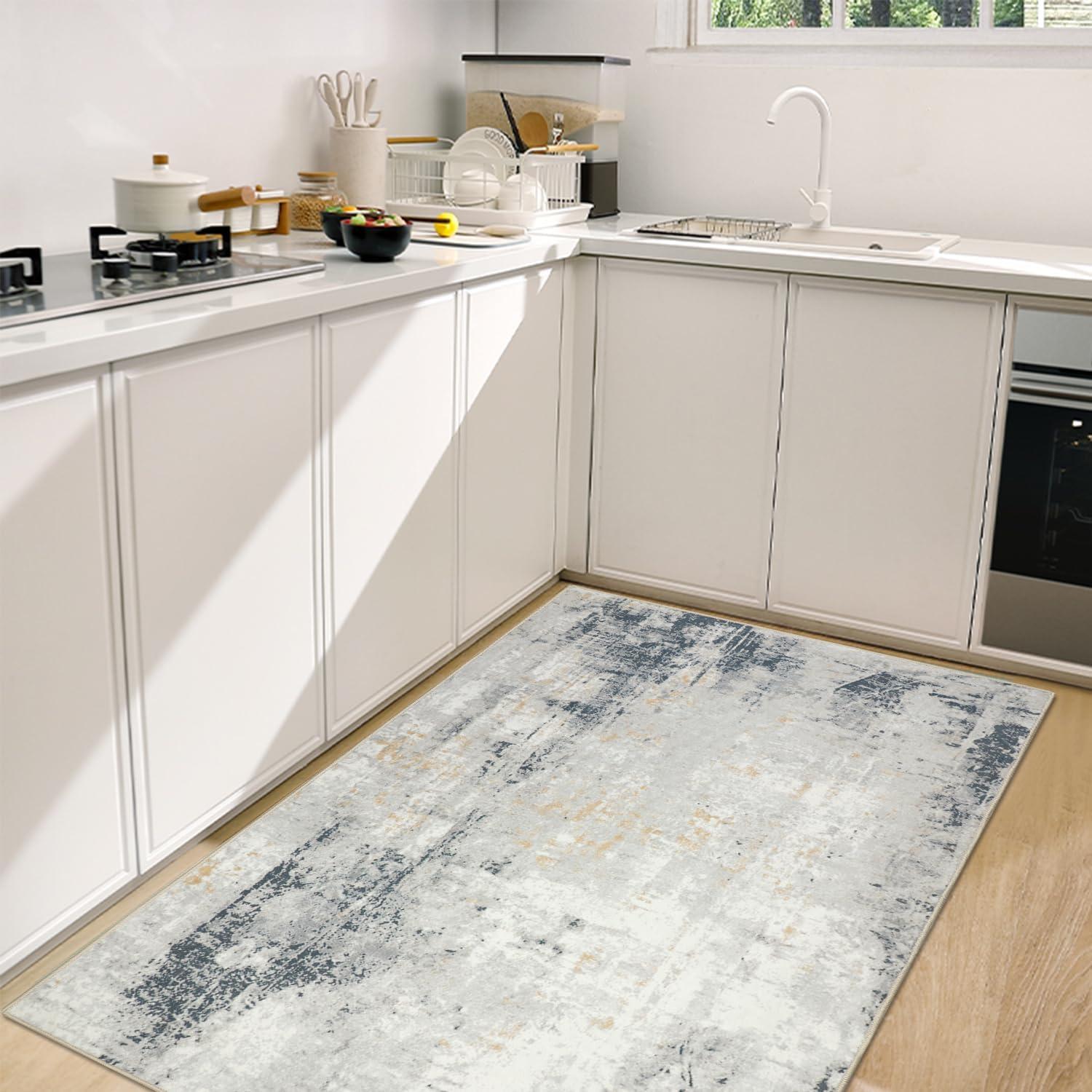 Teppich Kurzflor 80x150cm Waschbar Rutschfest Beige Blau