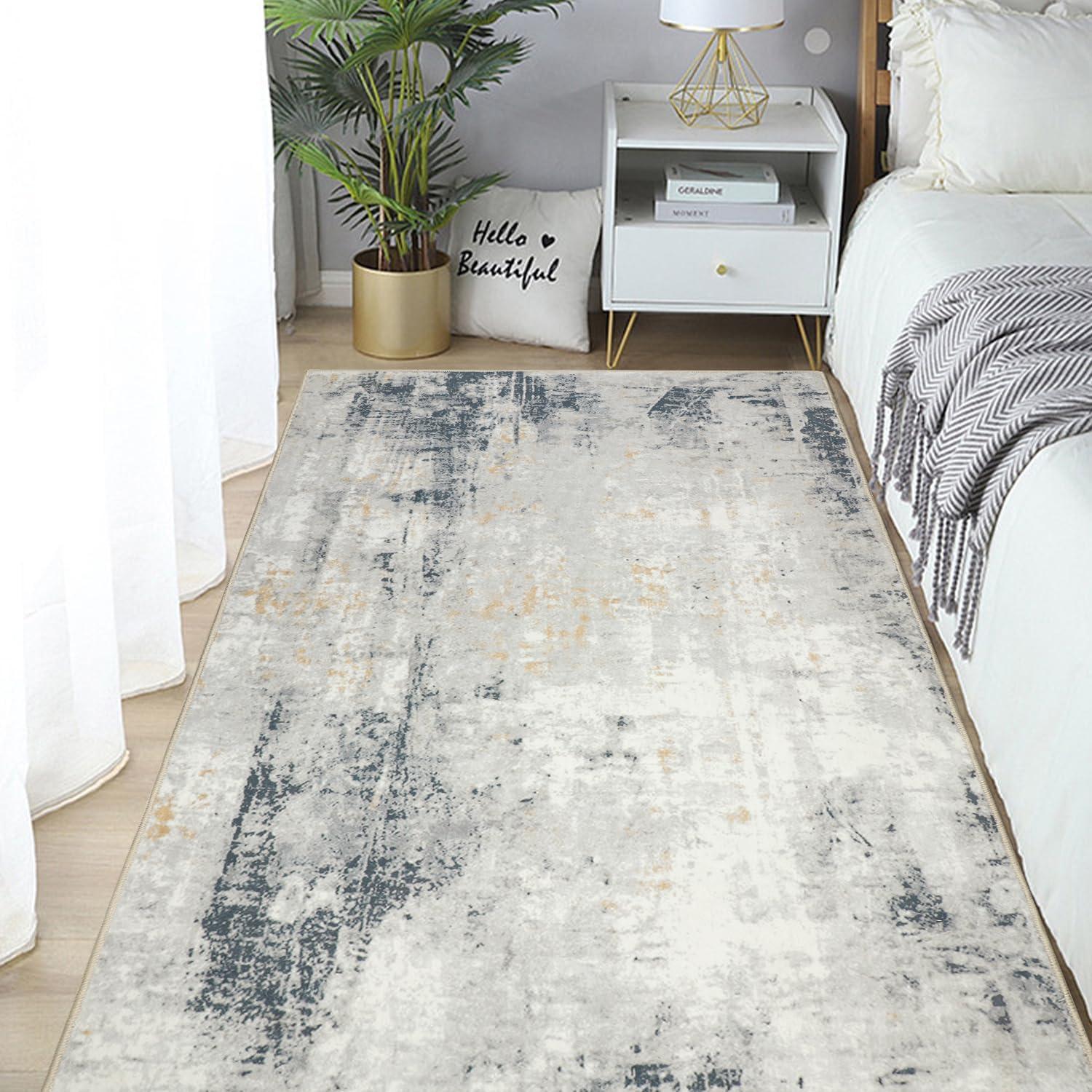 Teppich Wohnzimmer Modern 80x150cm Kurzflor Waschbar Rutschfest Beige