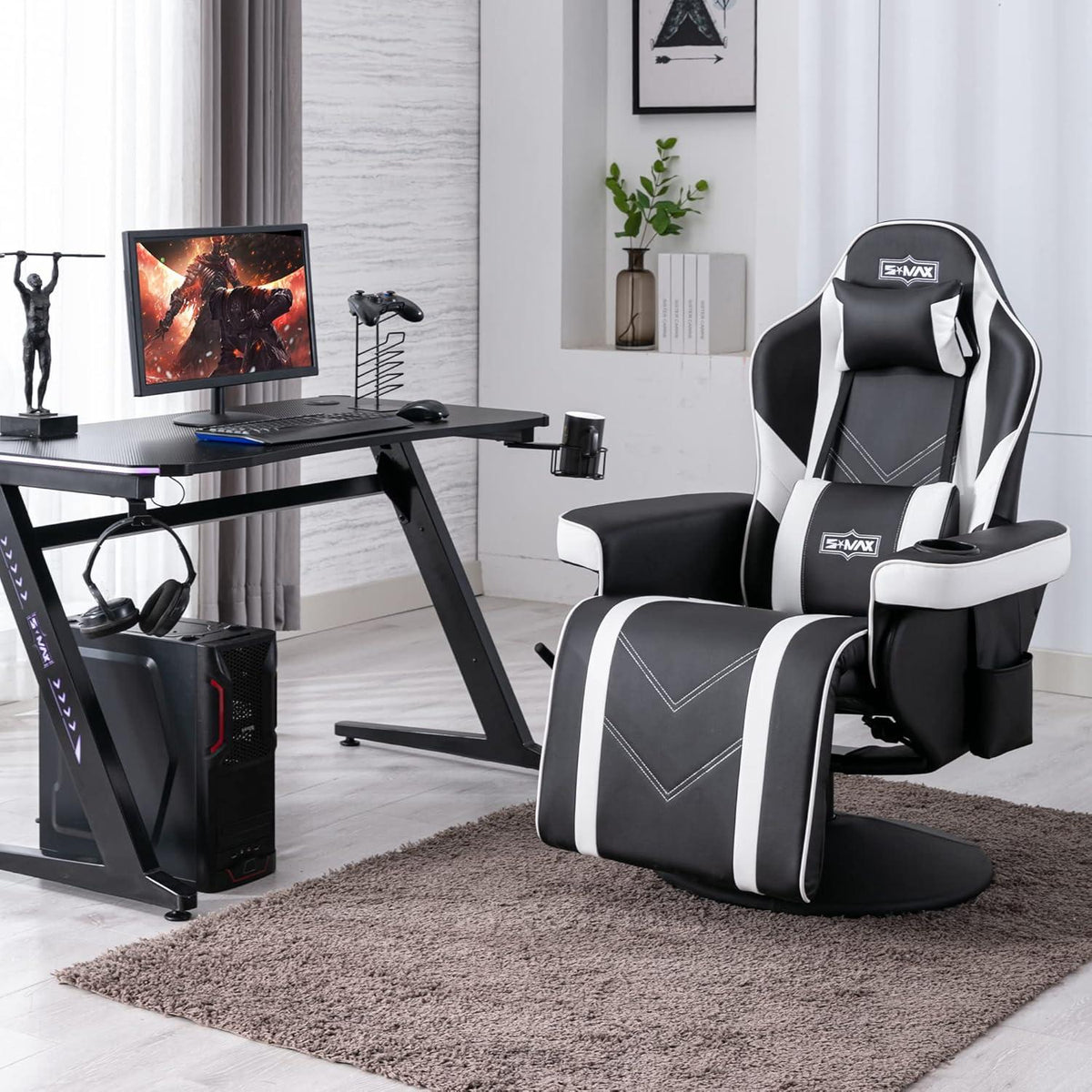 Gaming Stuhl mit Fußstütze hohe Rückenlehne Becherhalter Seitentasche