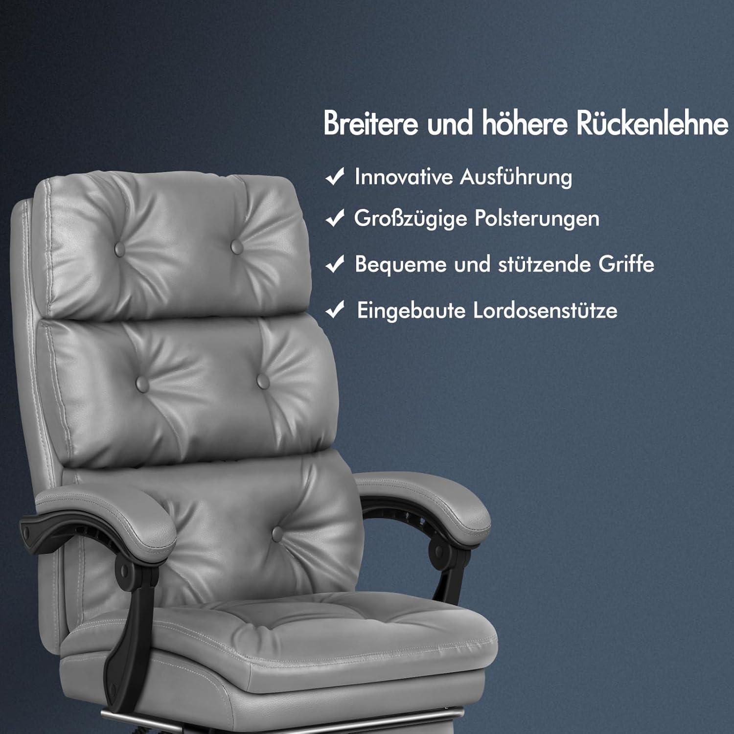 Bürostuhl Doppellagiges Kissen 150°-Liege 360° Drehbar PU-Leder Grey