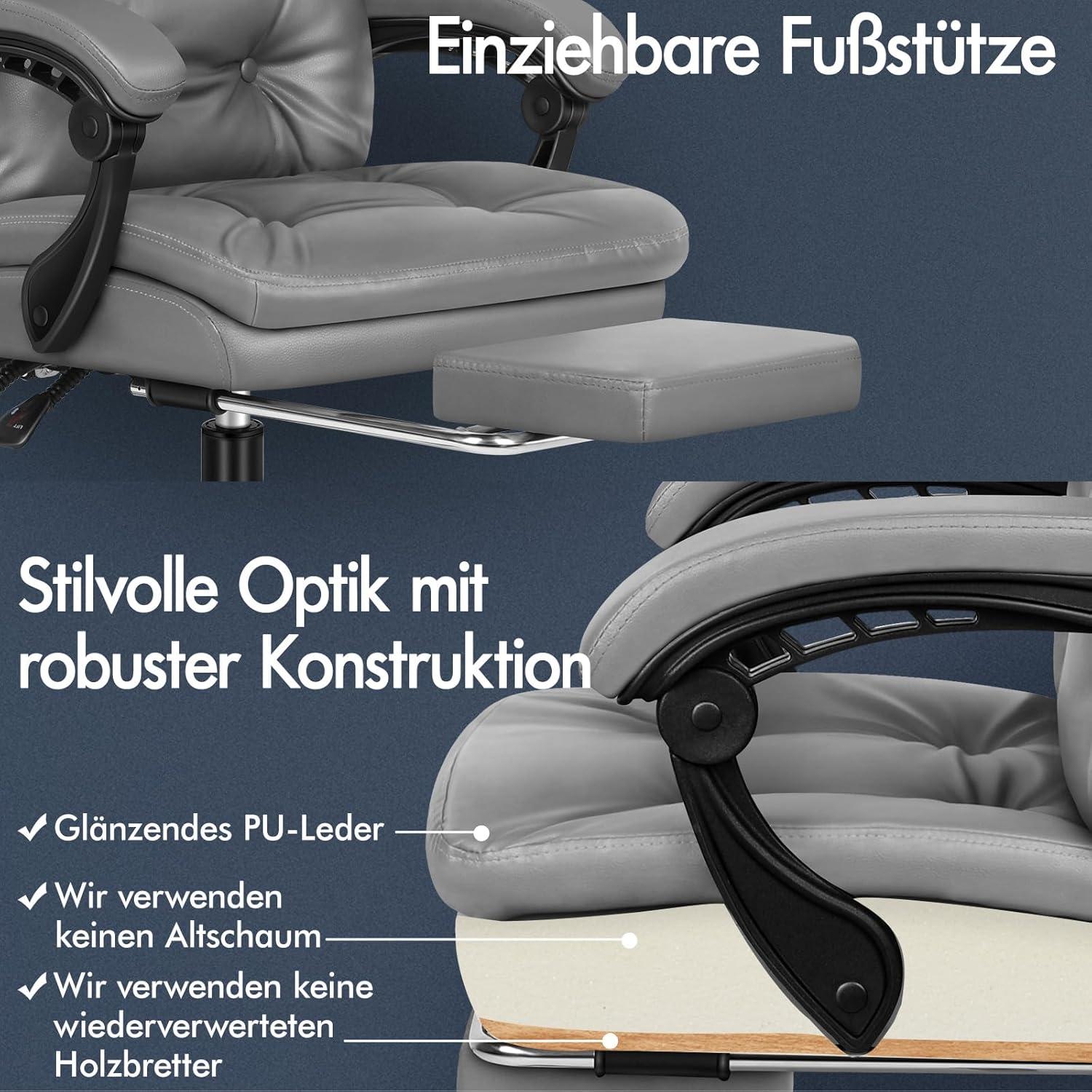 Bürostuhl mit Doppellagigem Kissen, Computer-Schreibtischstuhl, 360° Drehbar, Neigbar, Hoher Rückenlehne, Grau PU-Leder