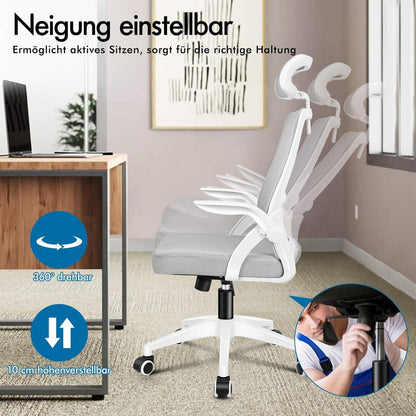 Ergonomischer Bürostuhl mit Lordosenstütze, neigbar, hochklappbare Armlehne, Weiß/Grau