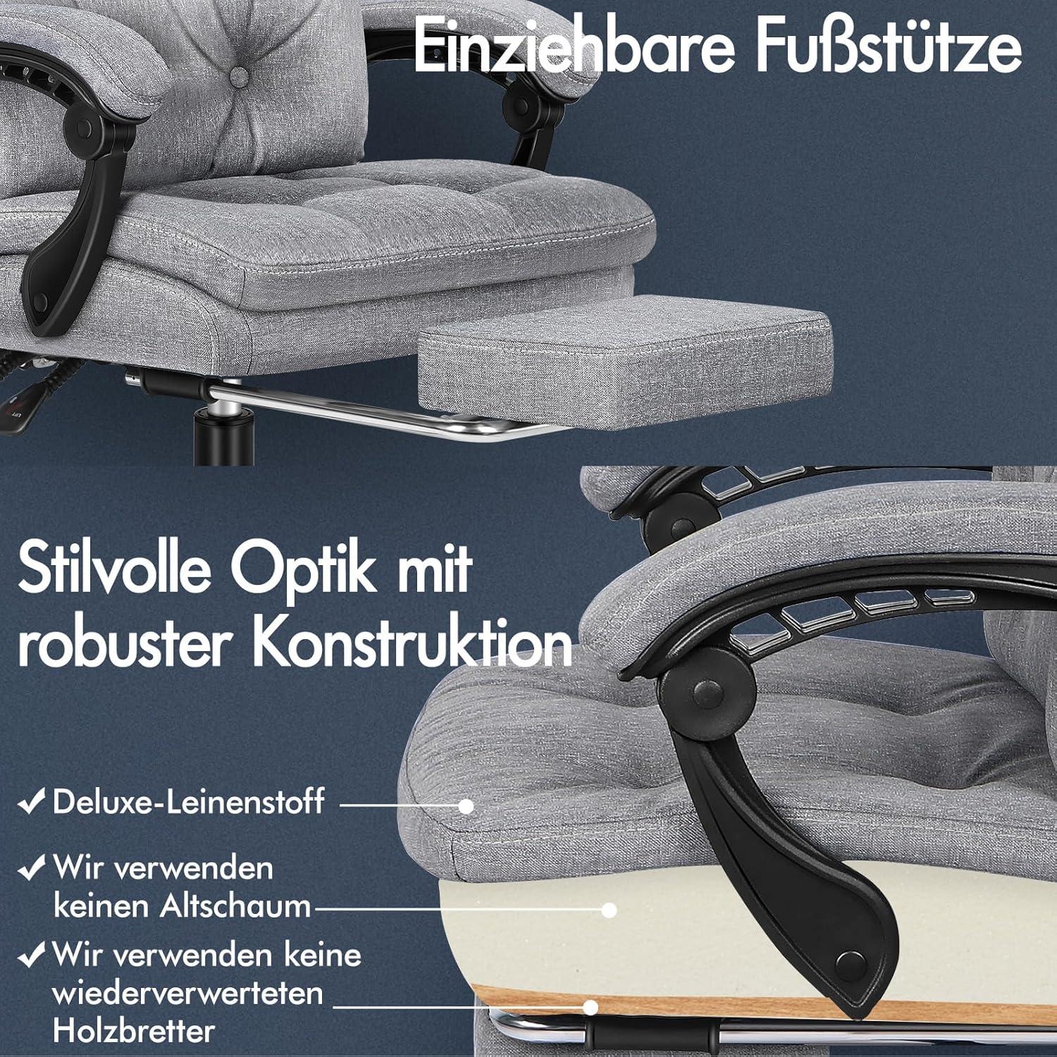 Bürostuhl mit Doppellagigem Kissen und Fußstützen-Armlehnen, Hoher Rückenlehne, Neigbar, 360° Drehbar, PU-Leder, Grau