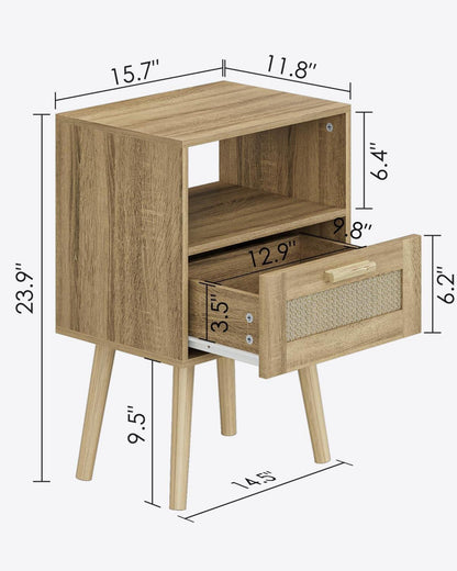 Handgefertigter Rattan Nachttisch mit Holzakzent und