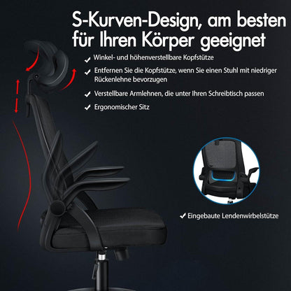 Ergonomischer Bürostuhl mit Lordosenstütze und Armlehne, Schwarz