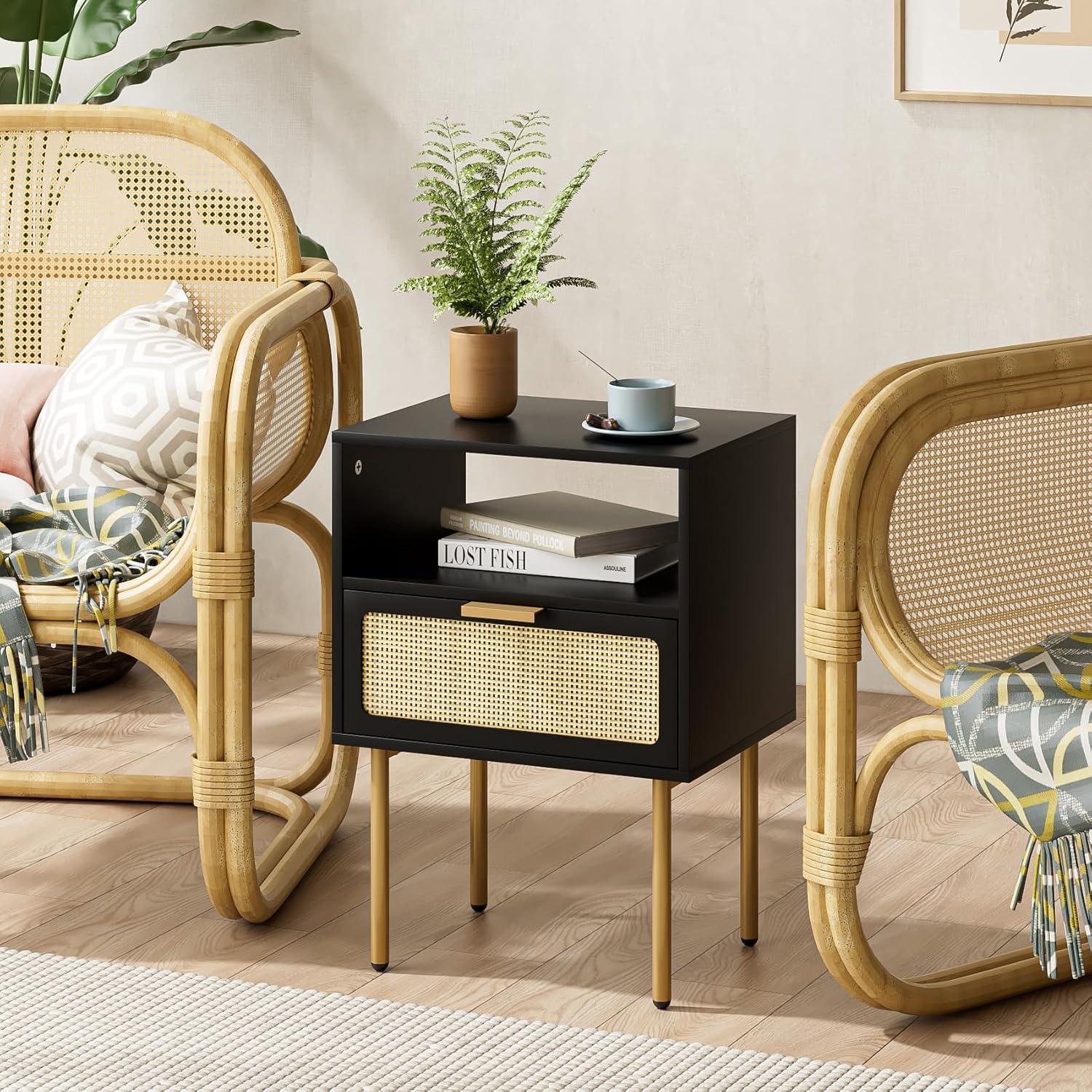 Nachttisch Rattan Schwarz Goldener Rahmen Schublade Beistelltisch