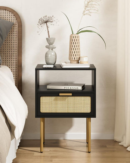 HEYZOEY Rattan Nachttisch Schwarz Gold Beistelltisch Schublade