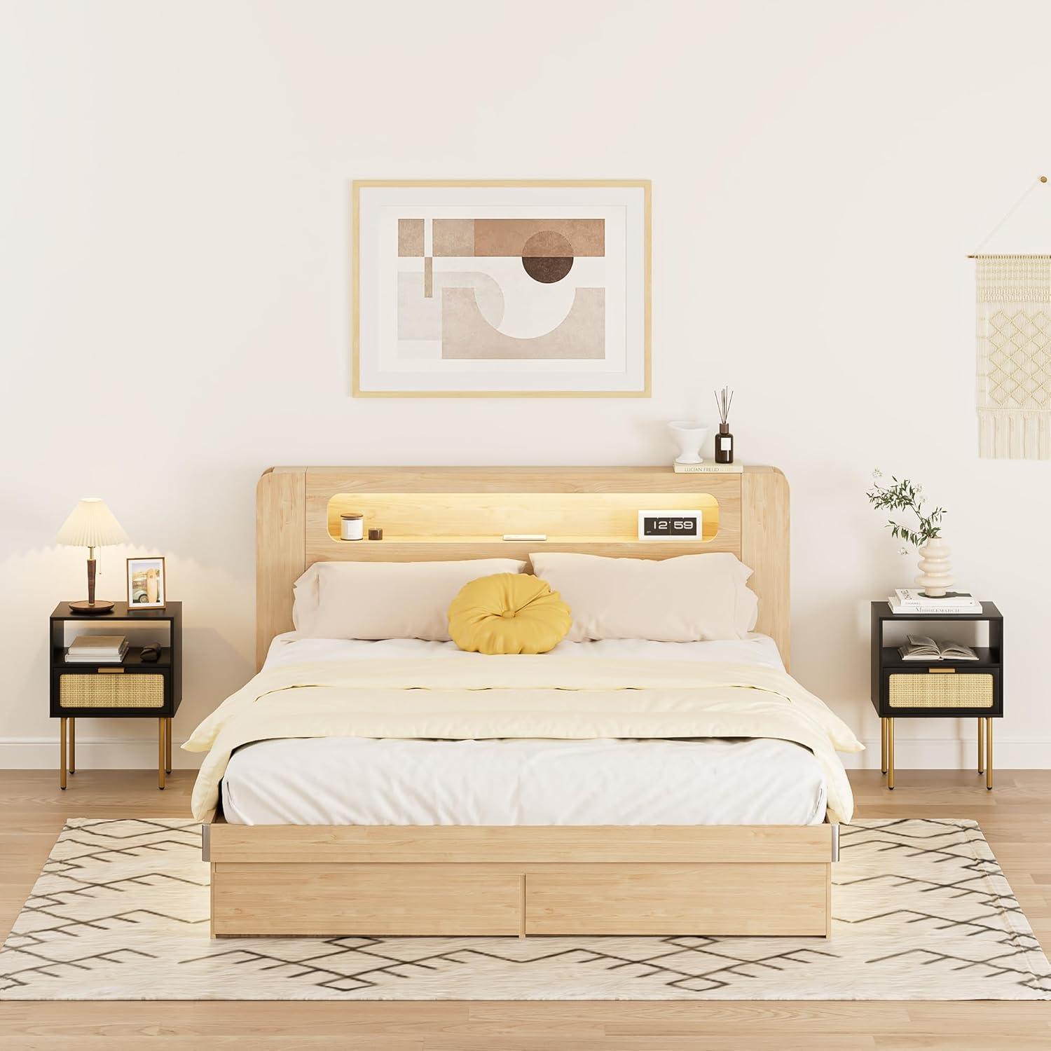HEYZOEY Rattan Nachttisch mit Schublade und goldenem Rahmen