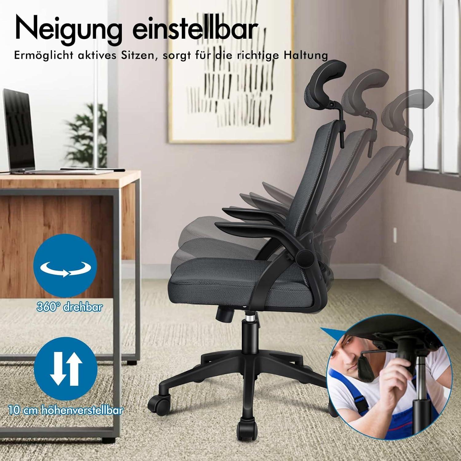 Ergonomischer Bürostuhl mit Lordosenstütze, neigbar, Armlehne, Grau