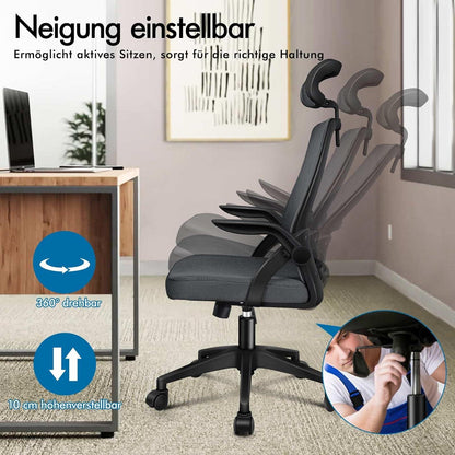 Ergonomischer Bürostuhl mit Lordosenstütze, neigbar, Armlehne, Grau