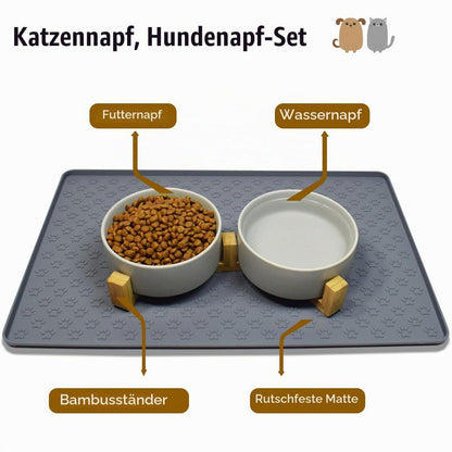 Keramik Doppelnapf für Hunde & Katzen mit Bambus Ständer