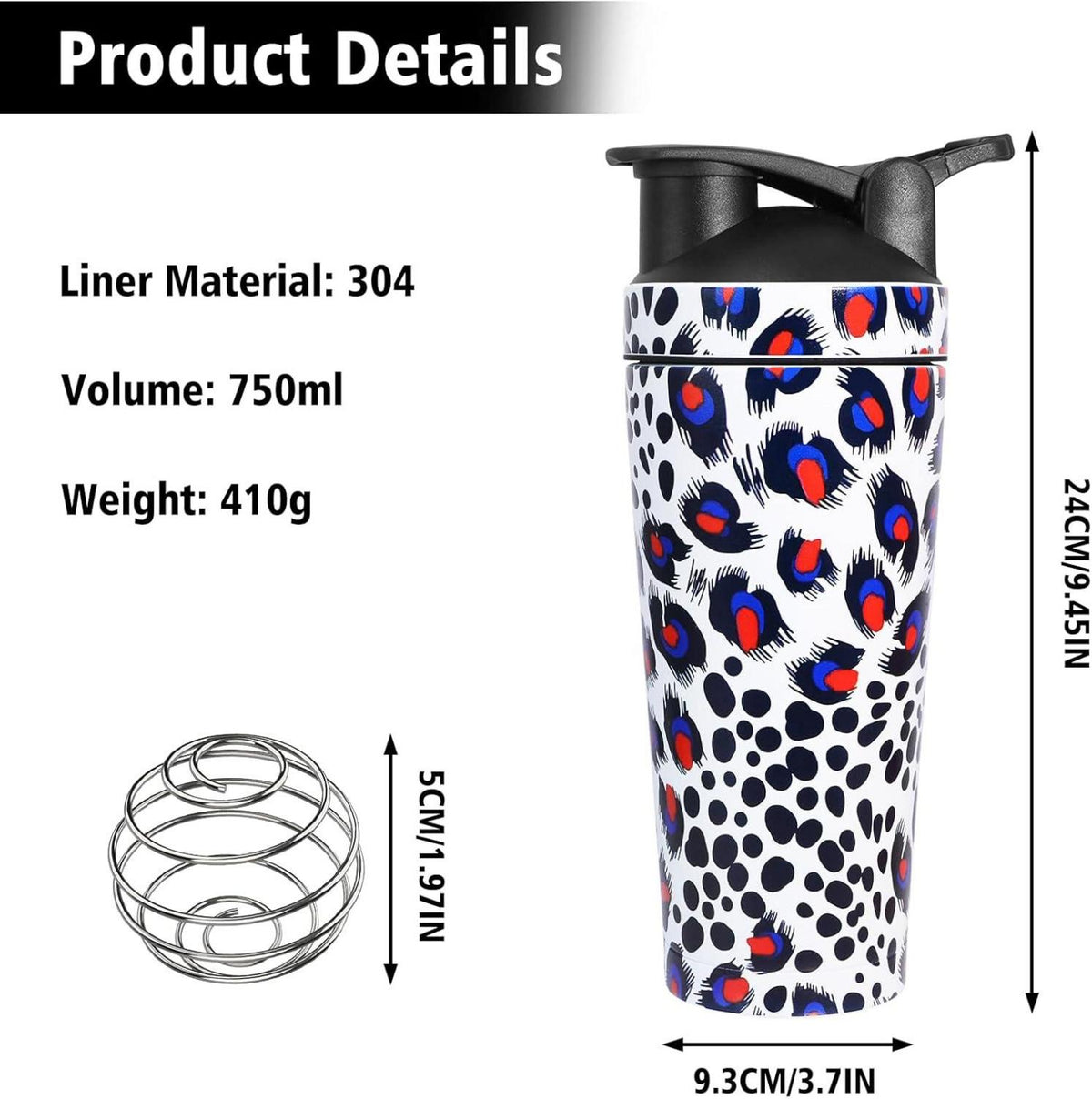 Protein Shaker Edelstahl 750ml mit Skala und Kugel BPA-frei