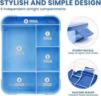 Bugucat Brotdose Kinder Bento Box 1330ML Auslaufsicher 6 Fächer Besteckset Blau