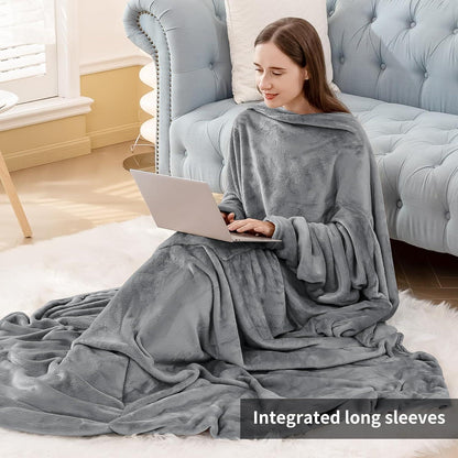 Kuscheldecke mit Ärmeln & Fußtasche – Tragbare Decke Grau 150x200cm
