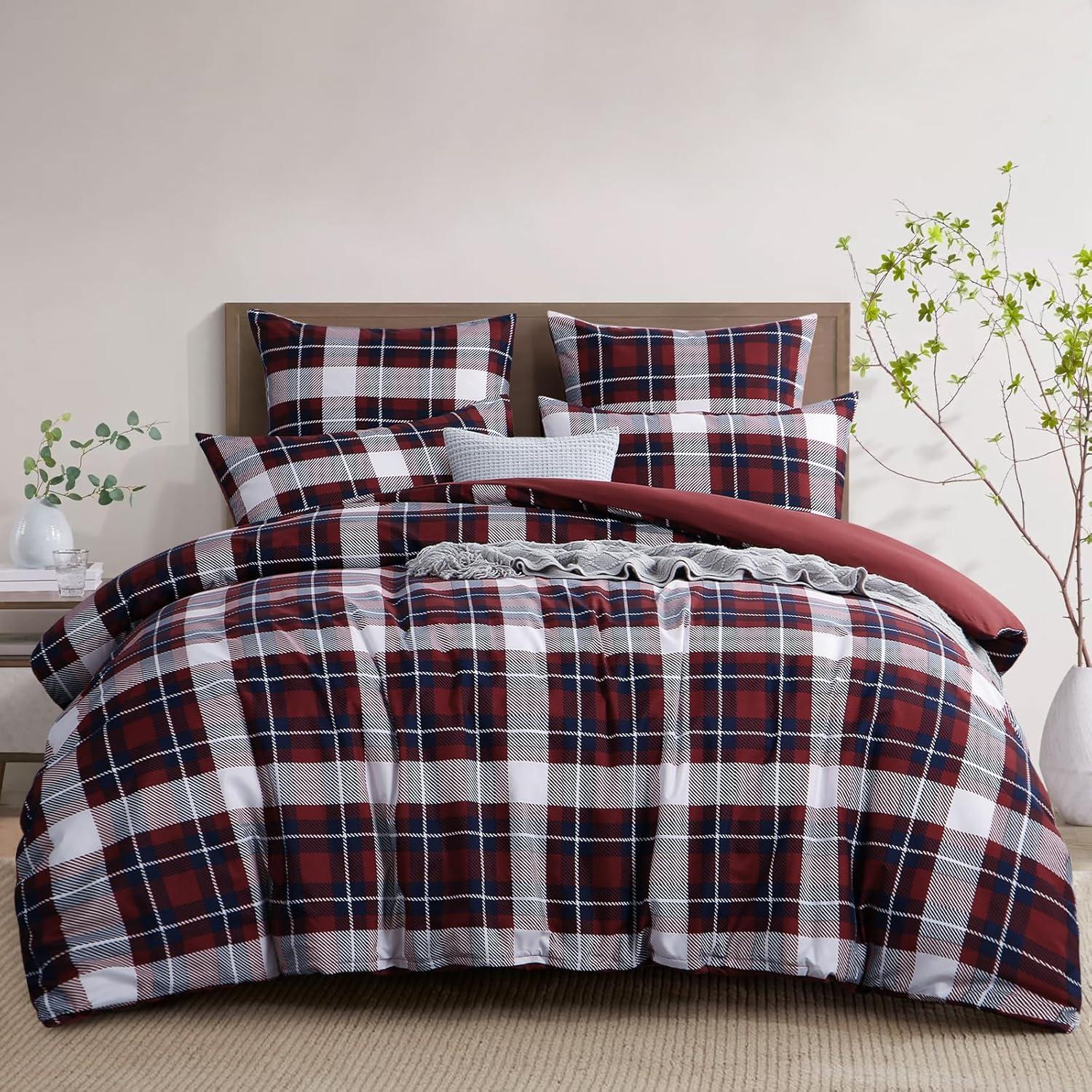 Bettwäsche Set Tartan Muster Mikrofaser Reißverschluss 200x220 Rot