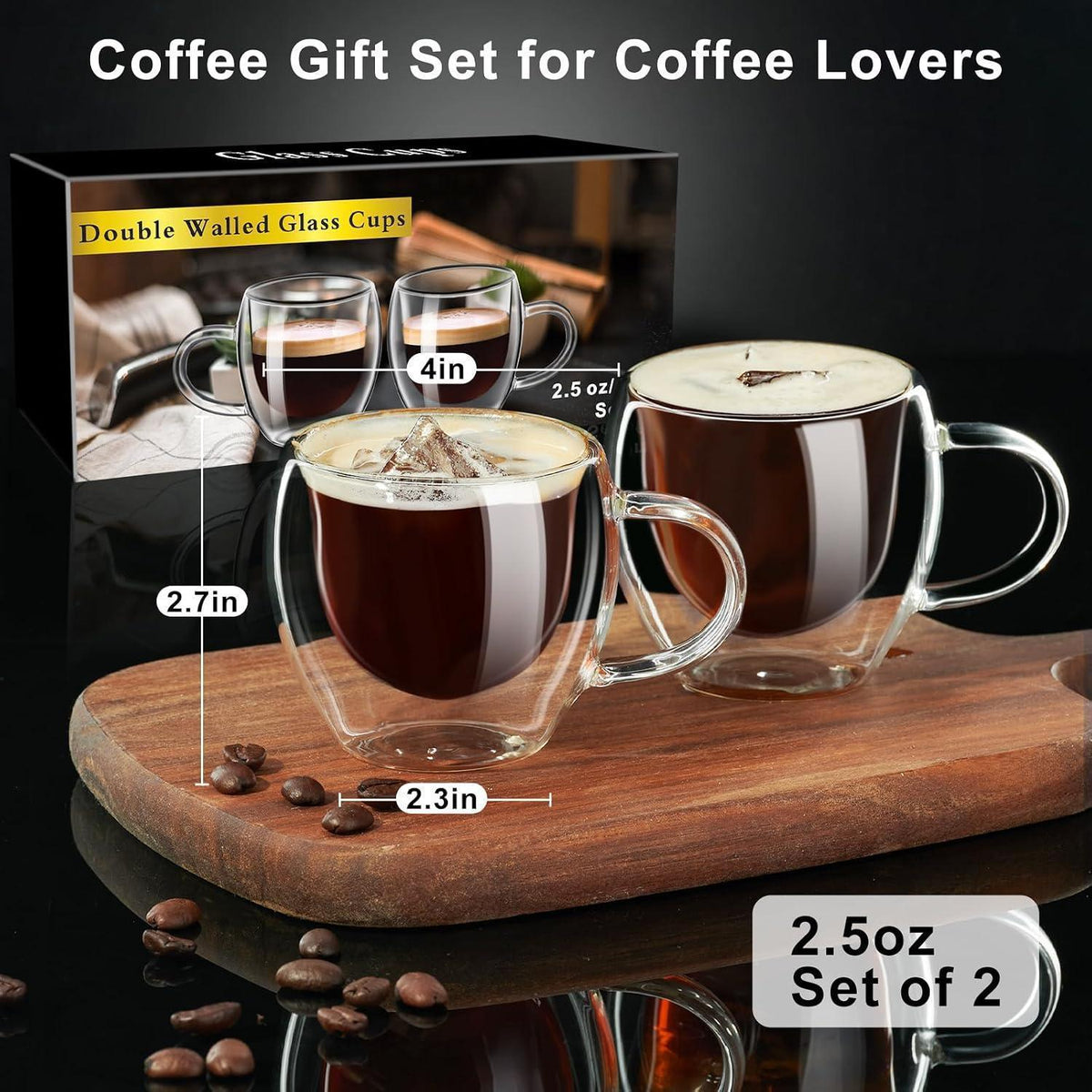 Doppelwandige Espressotassen 80ml - 2er Set mit Griff