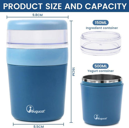 Bugucat 2in1 Müslibecher to Go 500ml+150ml Blau Edelstahl