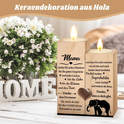 Mama Geschenk Kerzenhalter Set Herzform Holz Gravur inkl. Kerzen