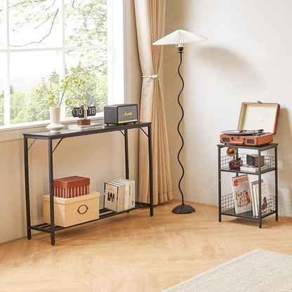 Schmaler Konsolentisch mit offenem Regal, Schwarz 107x30x78CM