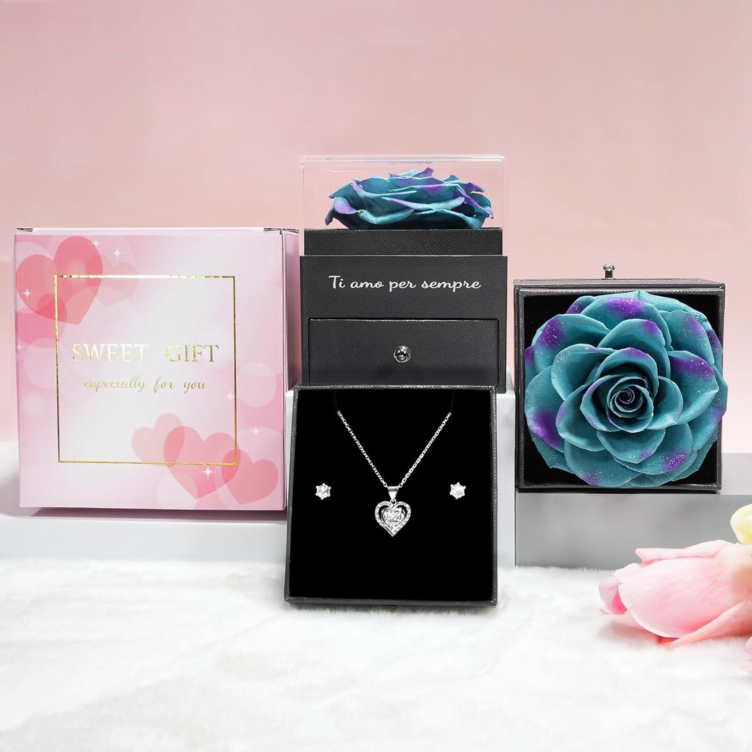 Ewige Rote Rose mit Halskette und Ohrringen in Geschenkbox