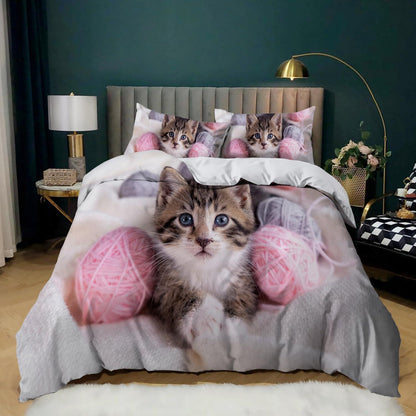 Katzen Bettwäsche Set 135x200 cm – 3D Kinder Bettbezug mit Kissenbezügen