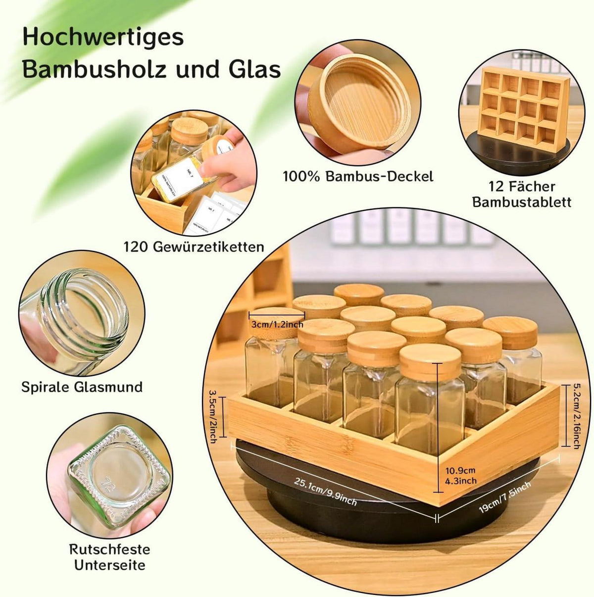 Umweltfreundliches Gewürzregal Bambus 12 Gläser Organizer 120ml