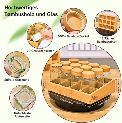 Umweltfreundliches Gewürzregal Bambus 12 Gläser Organizer 120ml