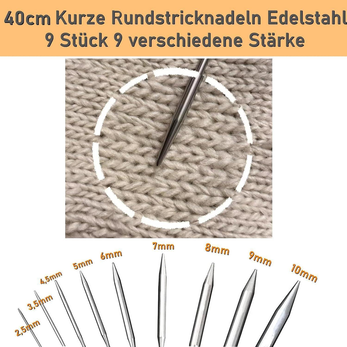 Edelstahl Rundstricknadel Set 9 Größen (2,5-10mm) 40cm