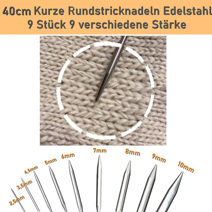 Edelstahl Rundstricknadel Set 9 Größen (2,5-10mm) 40cm
