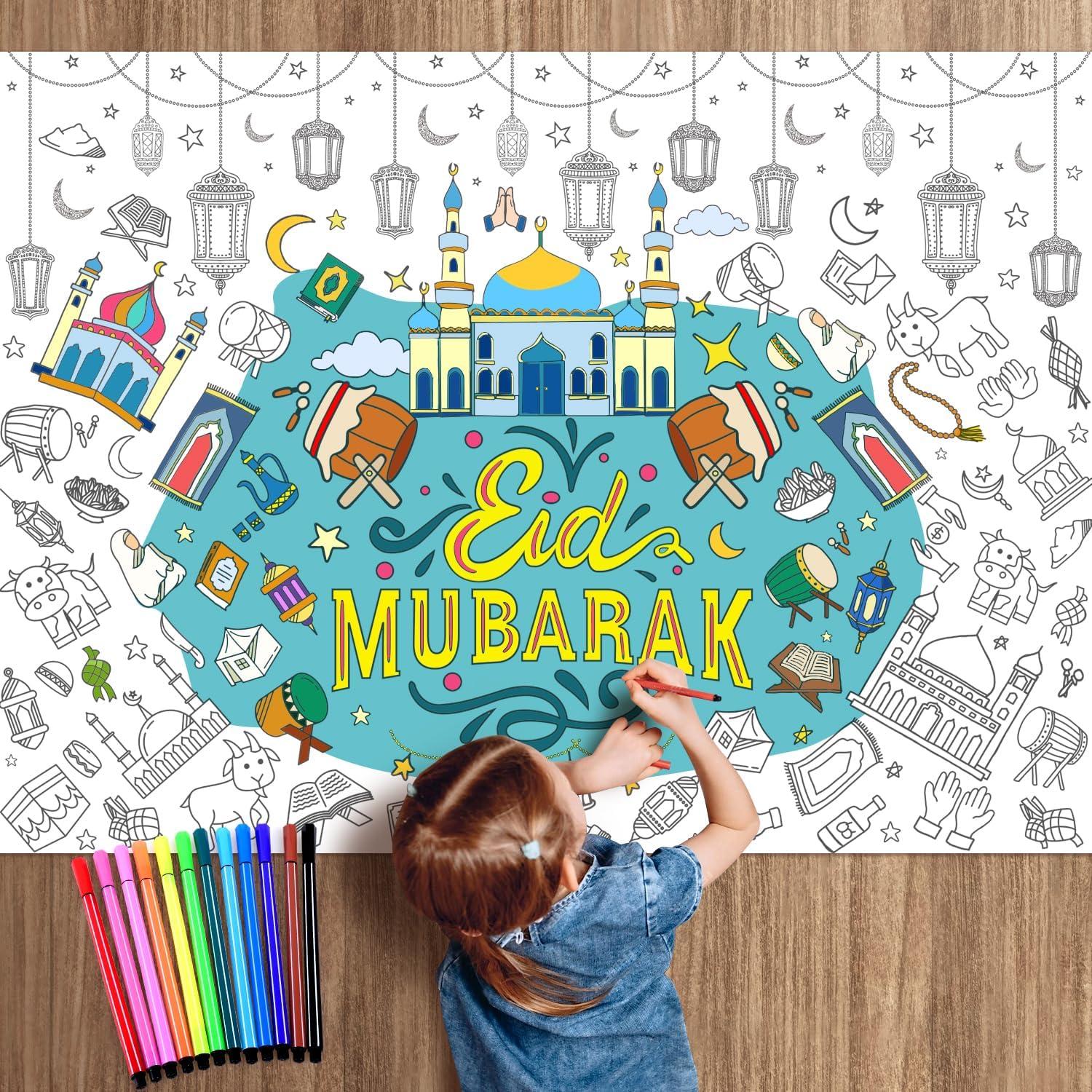 Eid Mubarak Ausmaltischdecke Papier +12 Farbstifte Ramadan Motiven