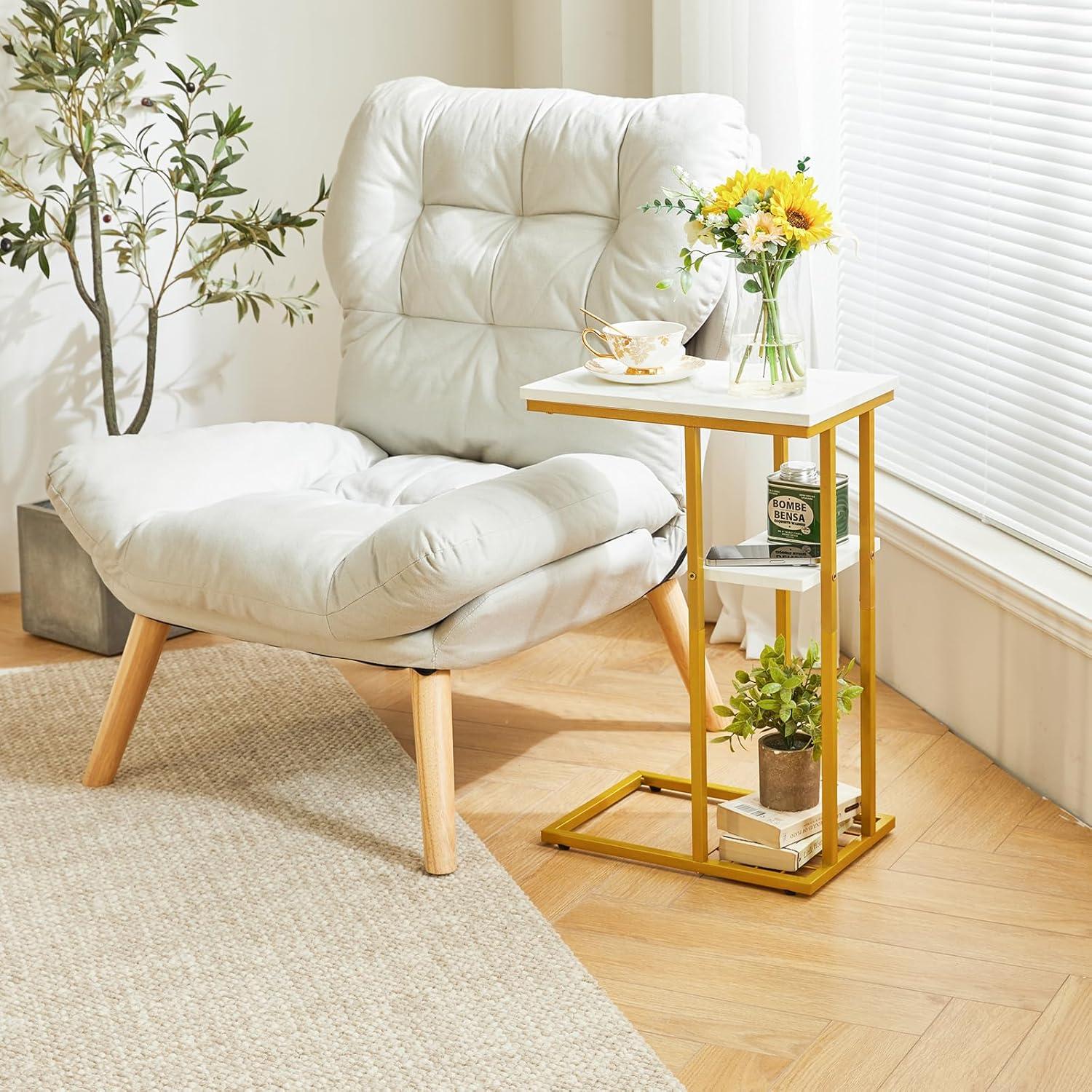 YMYNY Beistelltisch Kaffeetisch C-Form 40x26x61.5cm Marmor Weiß Gold