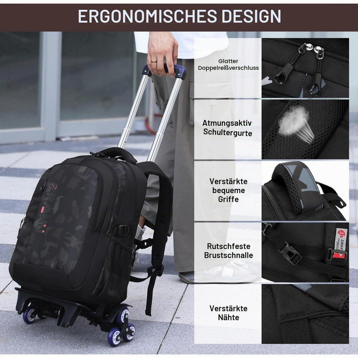 Schulrucksack Trolley Braun für Jungen mit Rollen & Abnehmbar