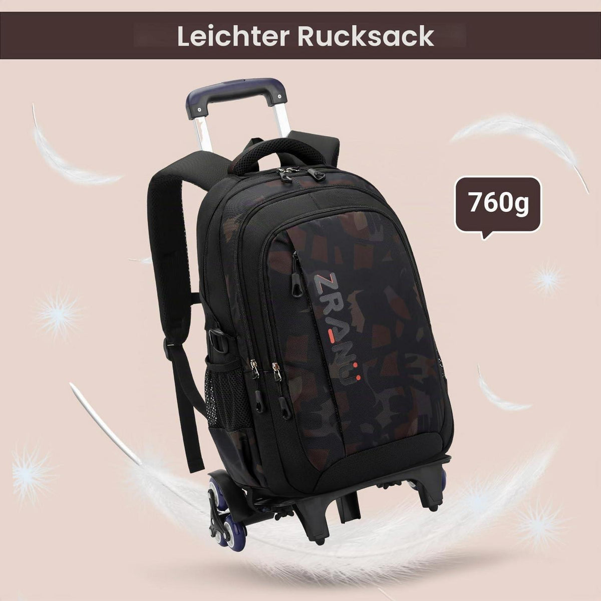 Schulrucksack Trolley Braun für Jungen mit Rollen & Abnehmbar
