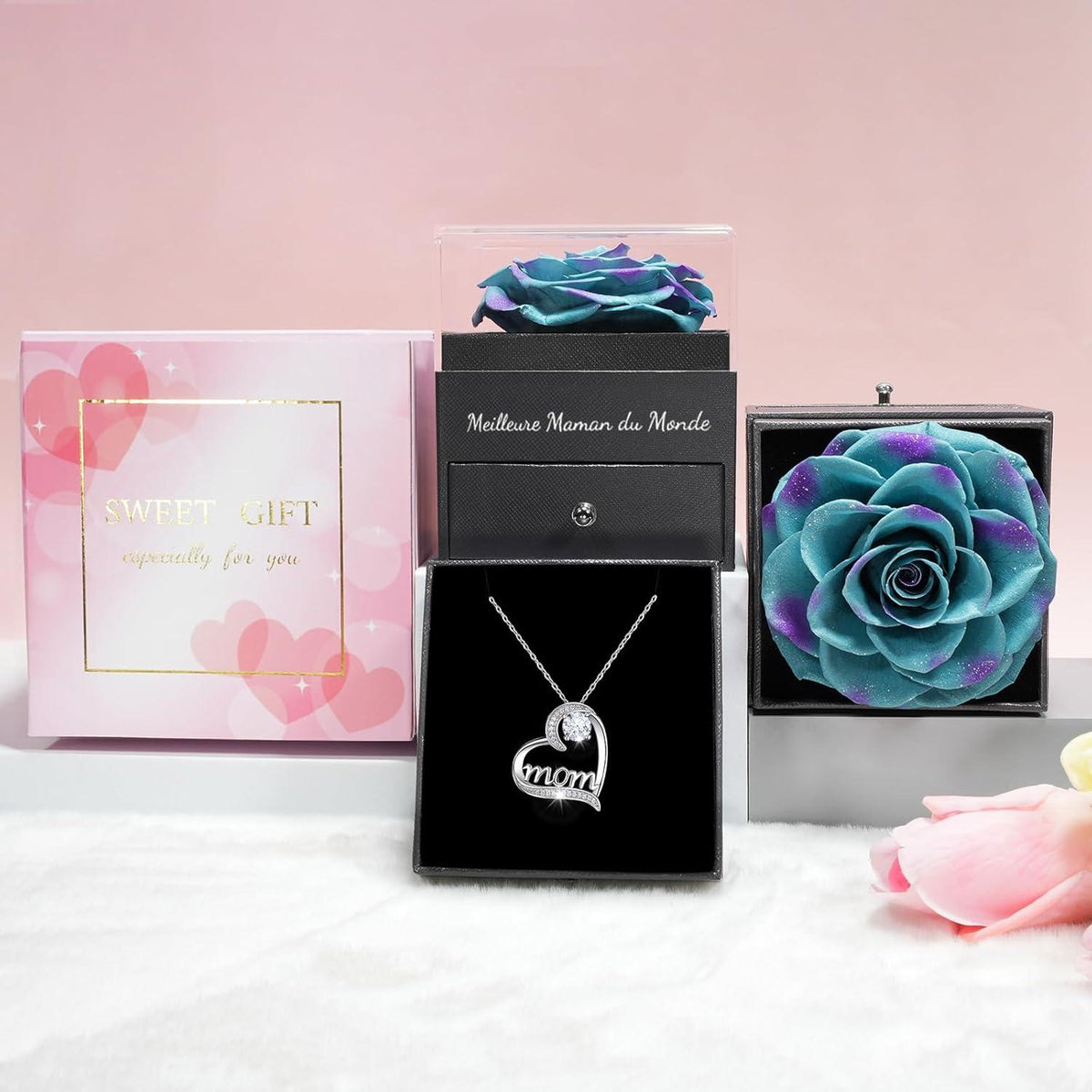 Ewige Rose & Mom Halskette Set - Muttertag Mutter Geburtstagsgeschenk