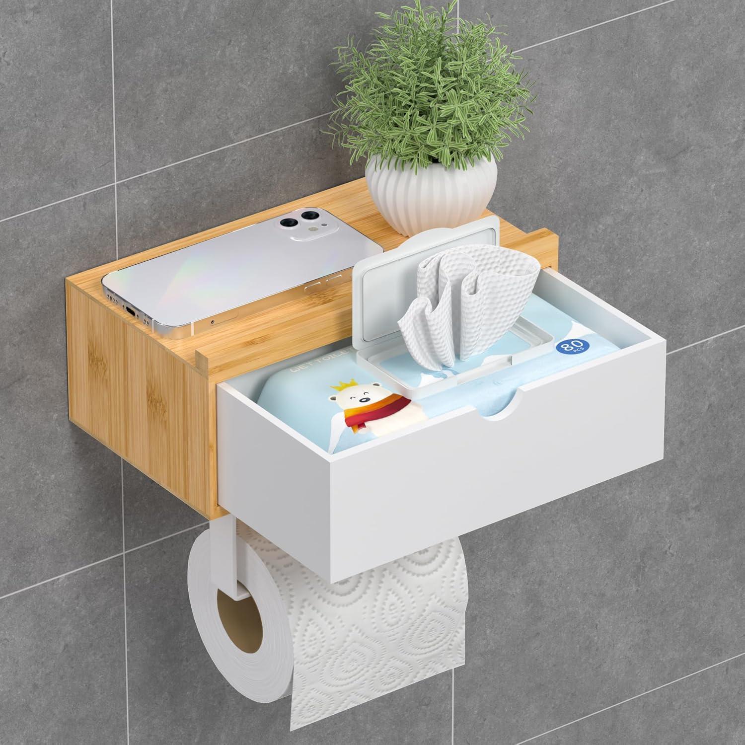 Toilettenpapierhalter Bambus mit Ablage und Feuchttücherbox