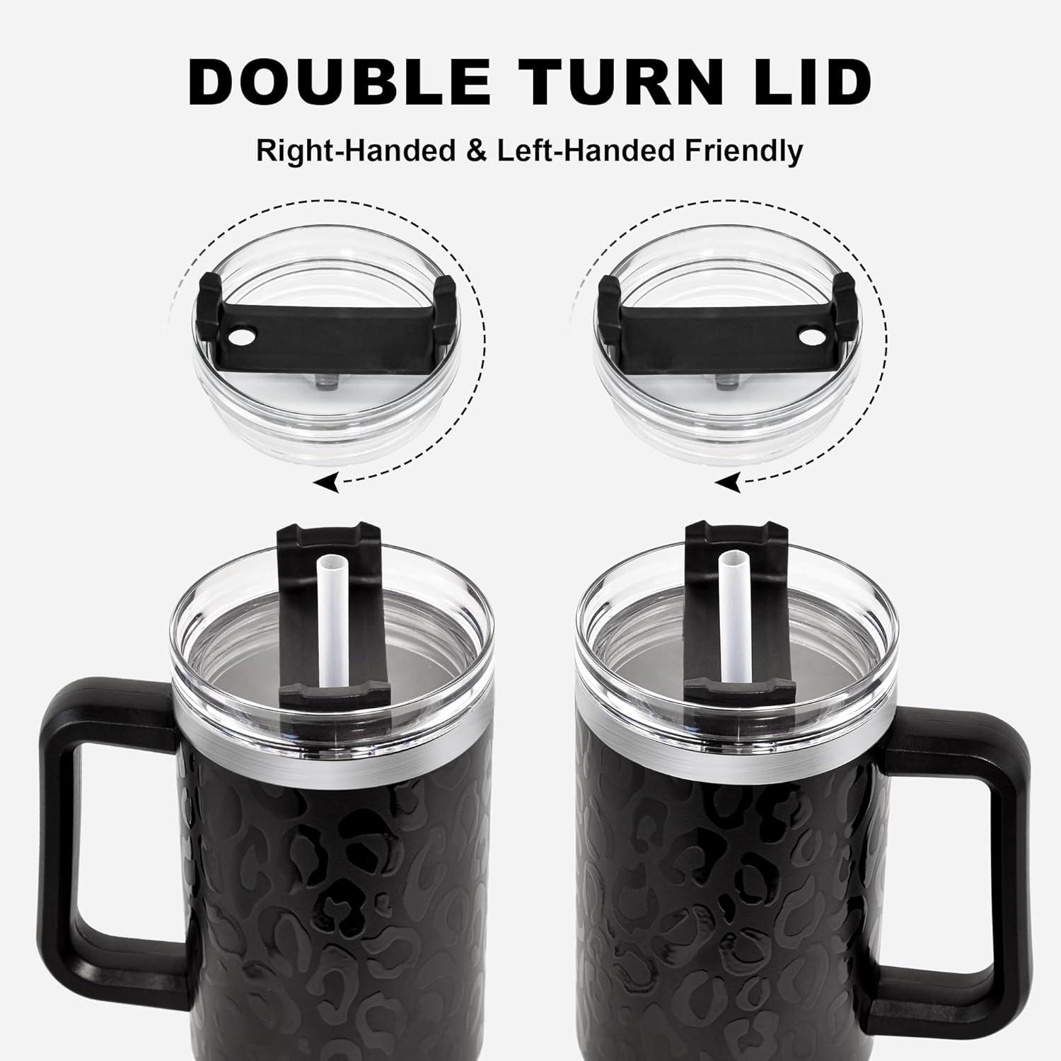 Thermobecher mit Strohhalm und Henkel 1,2L Vakuumisoliert Kaffeebecher Schwarz Leopard