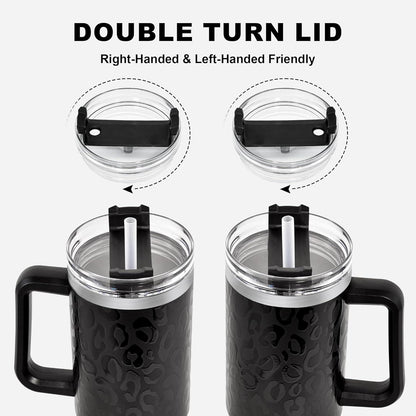 Thermobecher mit Strohhalm und Henkel 1,2L Vakuumisoliert Kaffeebecher Schwarz Leopard