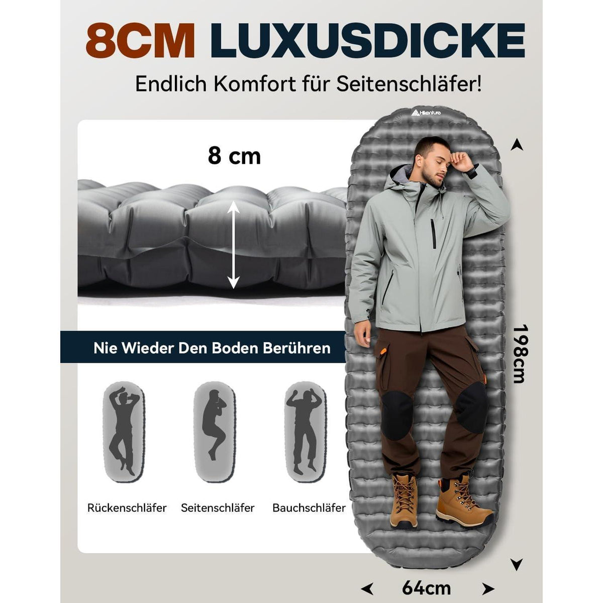 Aufblasbare Camping Isomatte 8cm Dicke R-Wert 6,2 Grau 198cm