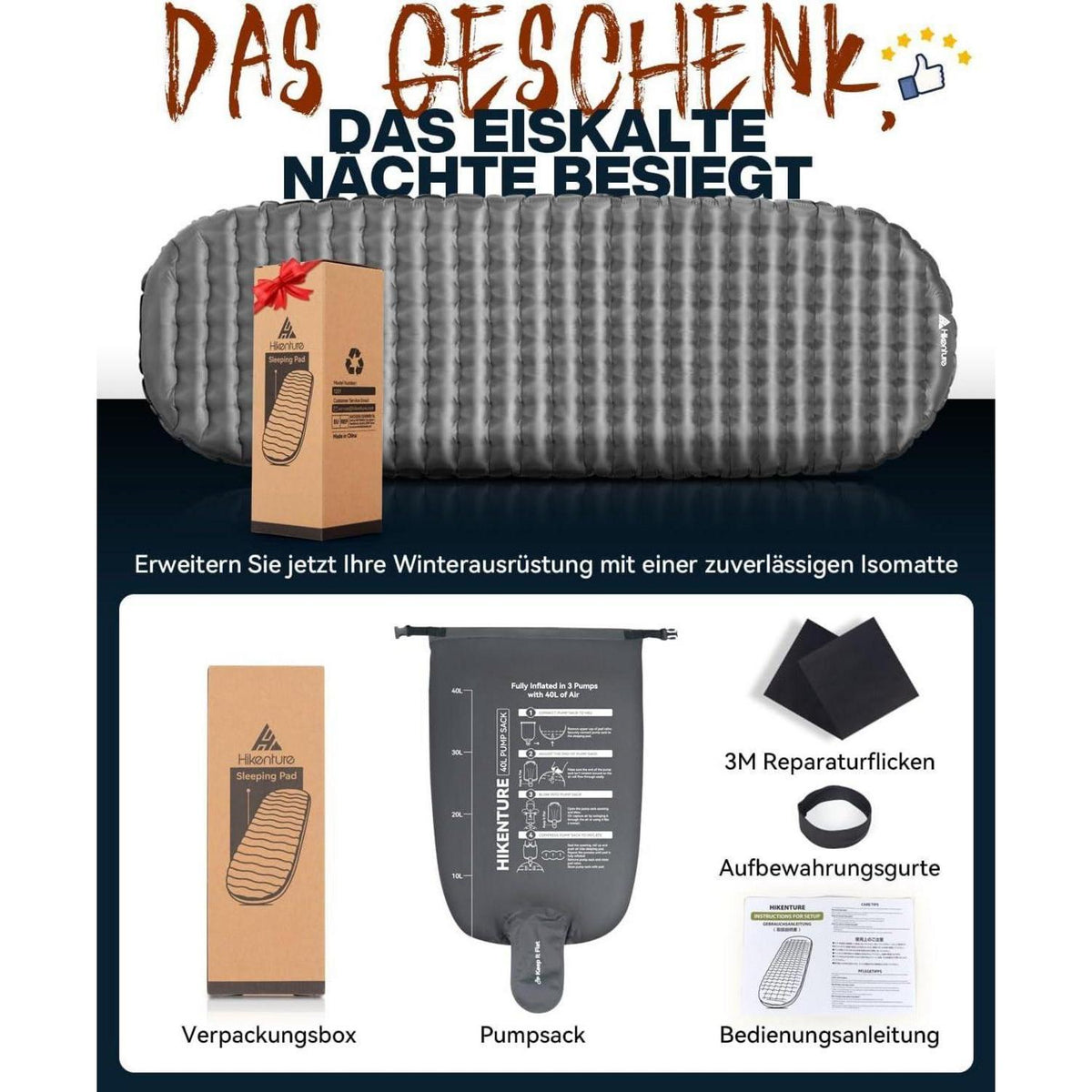 Aufblasbare Camping Isomatte 8cm Dicke R-Wert 6,2 Grau 198cm