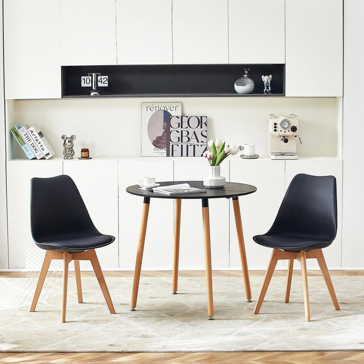 Essgruppen Set für 2 Personen – Runder Schwarz Tisch & 2 Stühle