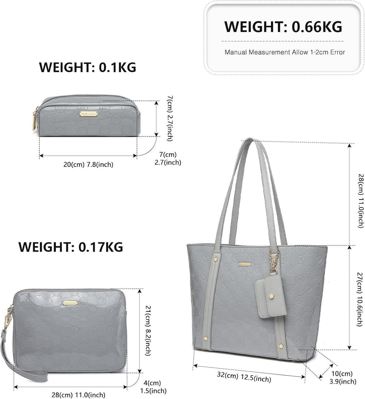 Miss Lulu Damen Handtasche Shopper Set PU Leder Mittelgroß 3-teilig