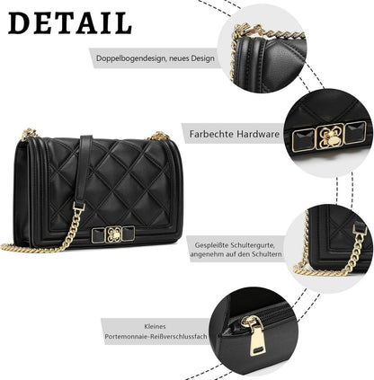Damen Umhängetasche Crossbody Bag aus weichem Leder mit Metallkette Schwarz