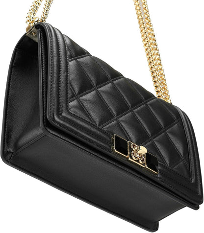 Damen Umhängetasche Crossbody Bag aus weichem Leder mit Metallkette Schwarz