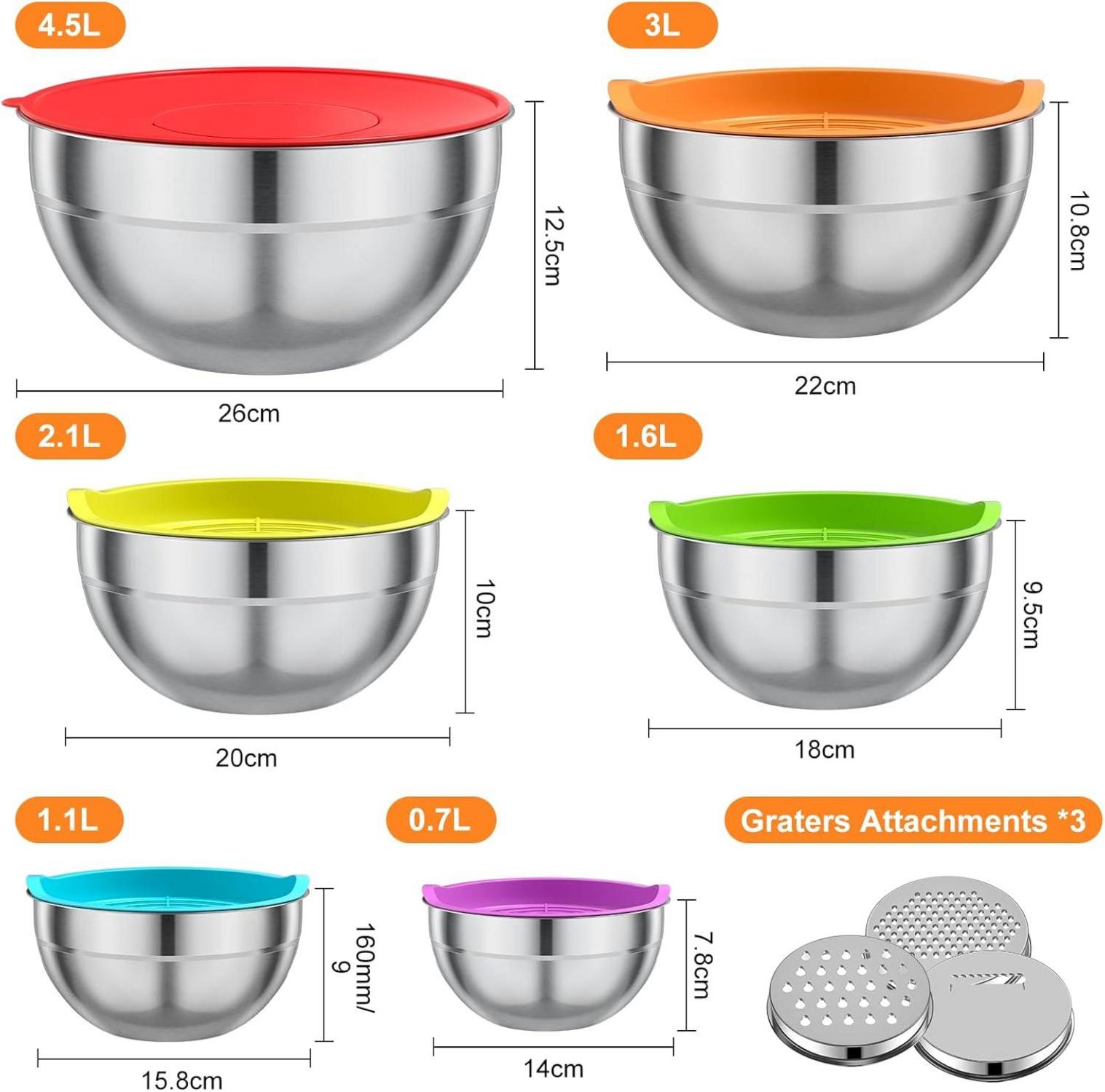LEIKEEGO Edelstahl Rührschüssel Set 6er mit Spritzschutz und 3 Reiben 4.5L 3L 2.1L
