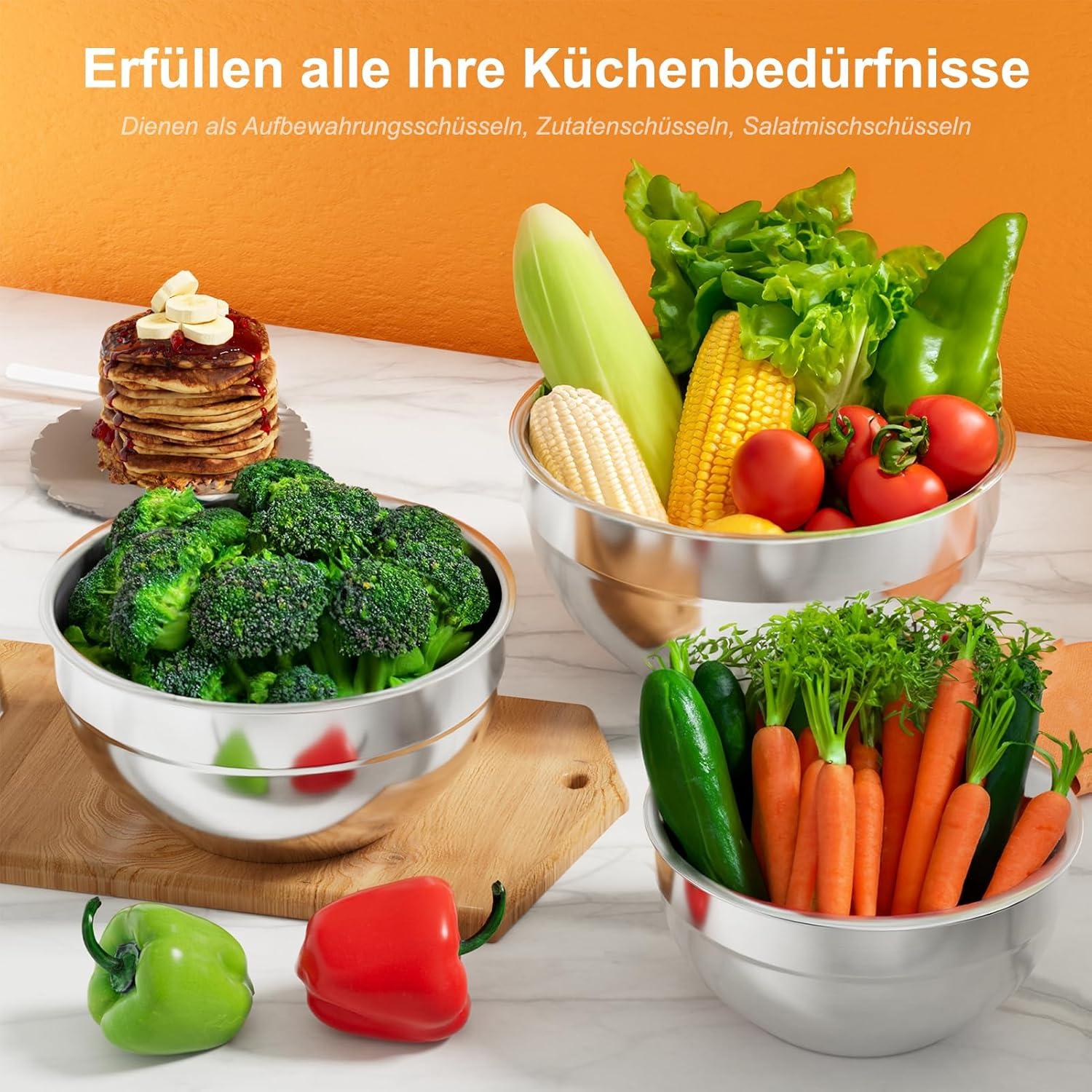 Edelstahl Rührschüssel Set mit Deckel & 3 Reiben - 6er Spritzschutz 4.5L 3L 2.1L