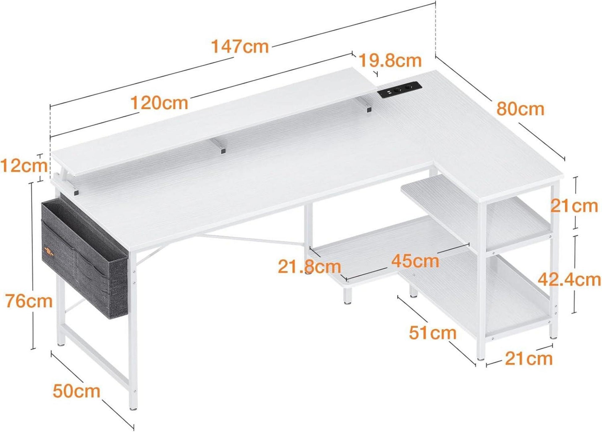 Schreibtisch L Form 147x80cm Weiß Gaming Tisch USB-Ladeanschluss & Steckdose