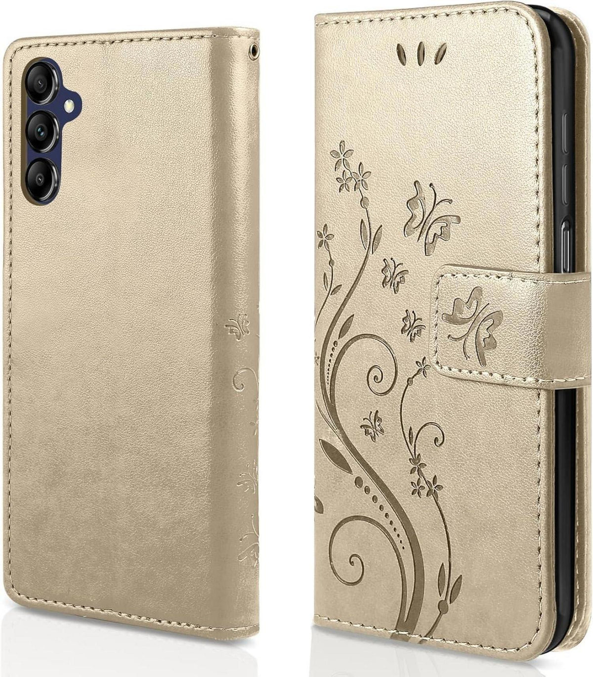 Lederhülle Samsung Galaxy A15 5G/4G Wallet Schmetterling Blumen Golden