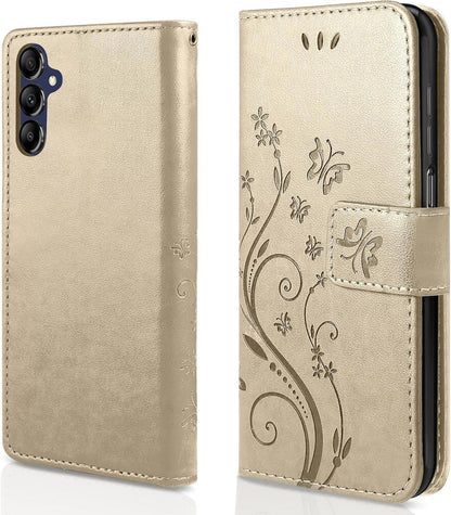 Lederhülle Samsung Galaxy A15 5G/4G Wallet Schmetterling Blumen Golden